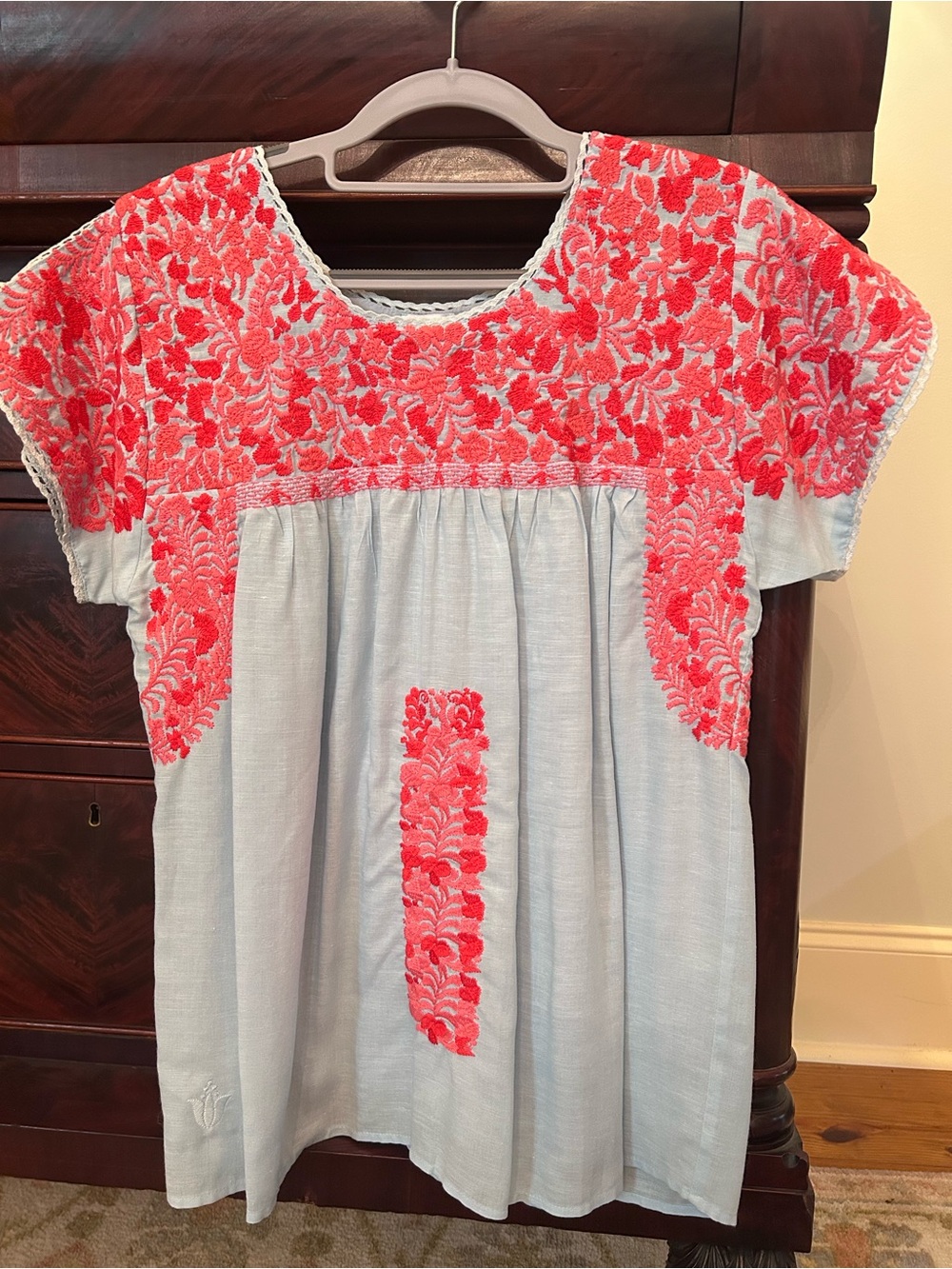 J.Marie Embroidered Cotton Top in Coral Pink and Light Blue